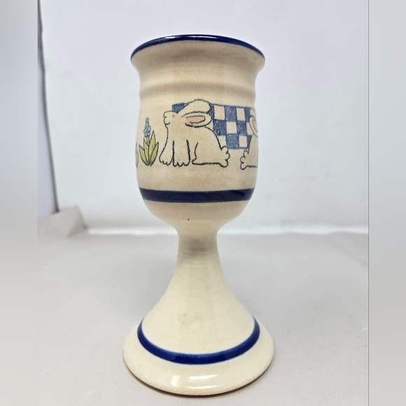 Studio Pottery Goblet Candle Holder Off White Blue Bunny Love Bird Nature Art - Picture 2 of 10